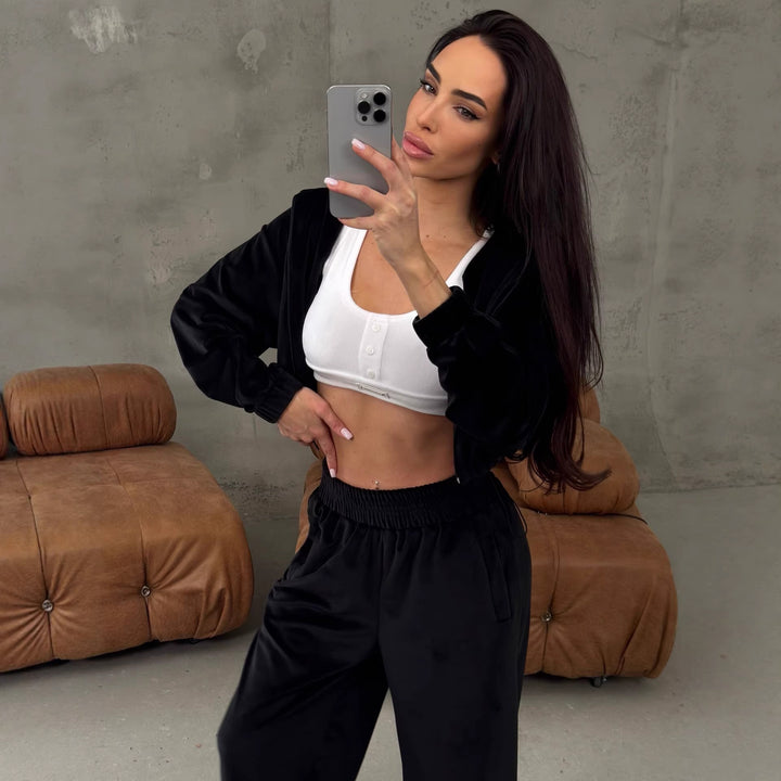 Damen lässiger Velours-Loungewear-Anzug mit cropped Oberteil und weitem Schnitt Drune