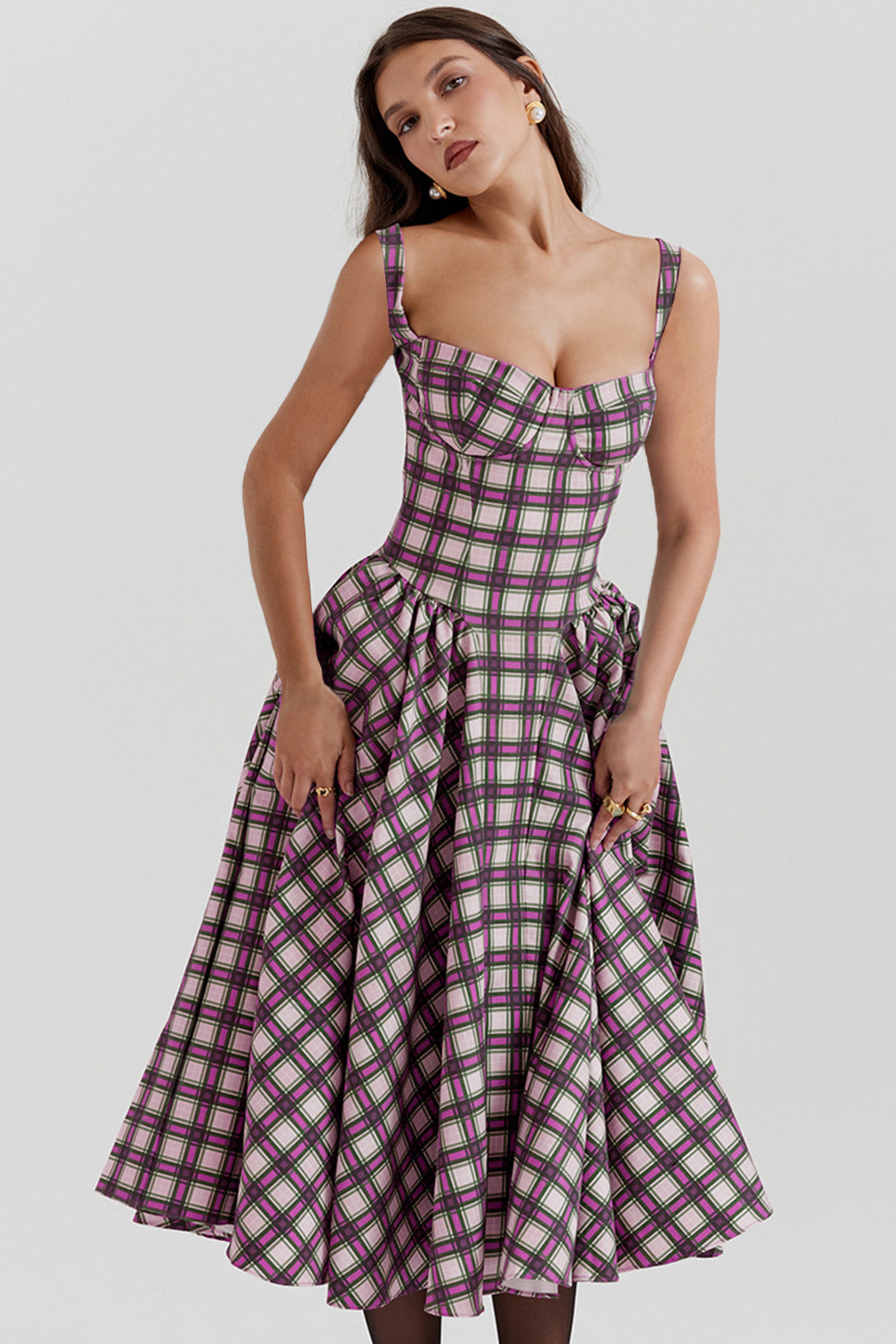 Damen Midikleid im Karomuster mit strukturiertem Oberteil und voluminösem Rock Drune