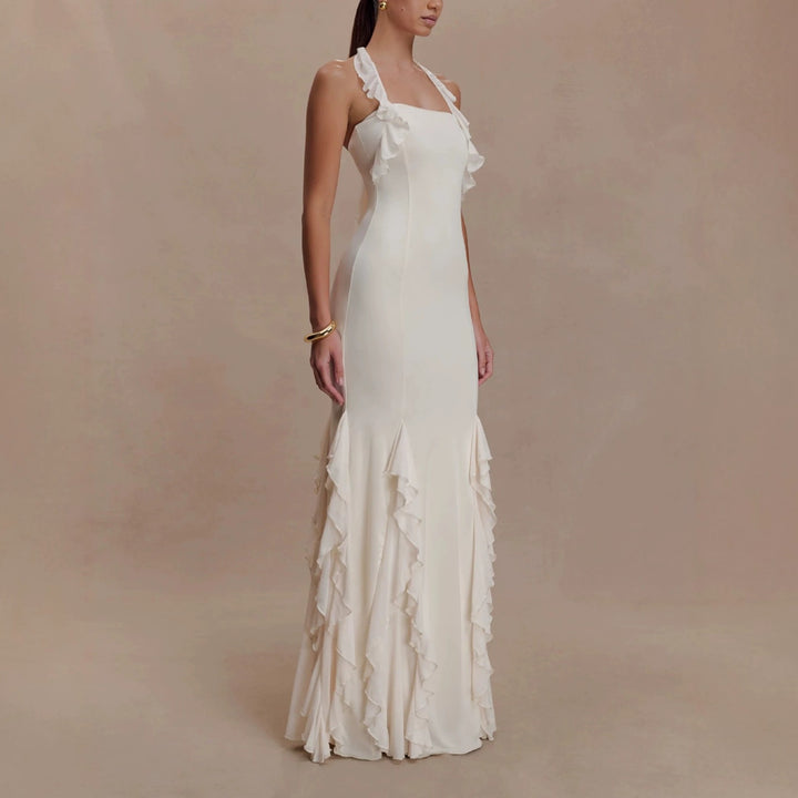 Damen Elegantes Langarm-Maxikleid mit Rüschendetails Drune