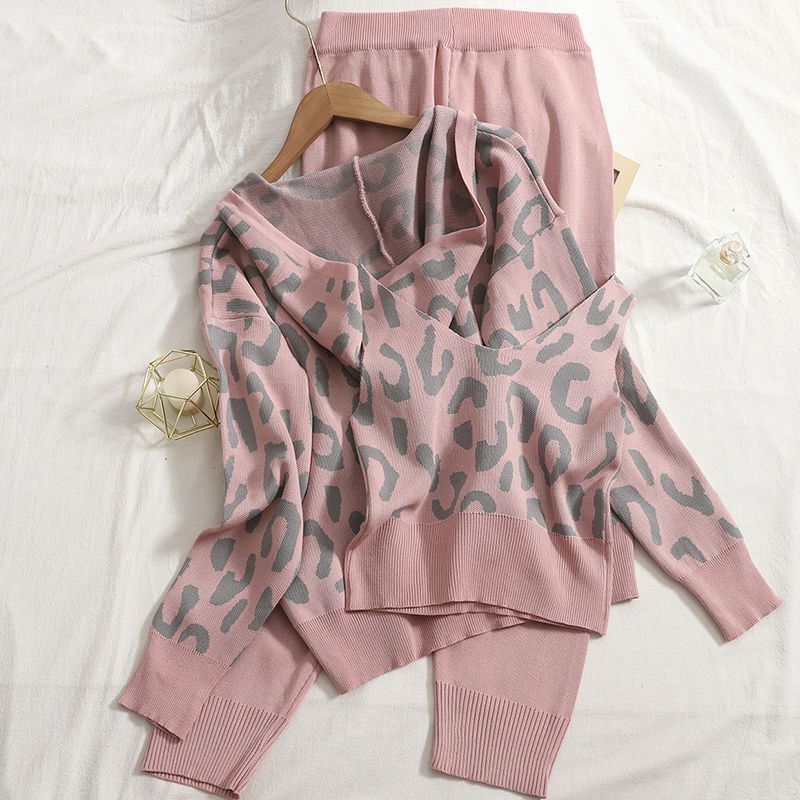 Damen lässiges Hoodie- und Jogginganzug-Set mit Leopardenmuster Drune