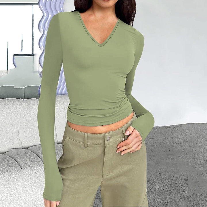 Damen Langarmshirt mit figurbetontem Schnitt und V-Ausschnitt Drune