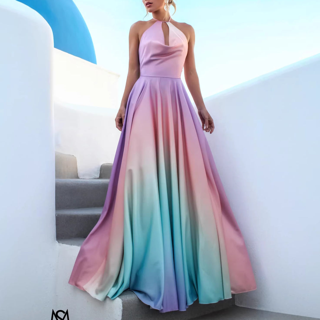 Damen Elegantes Maxikleid mit schickem Halterneck und geschmeidiger Satinoptik Drune