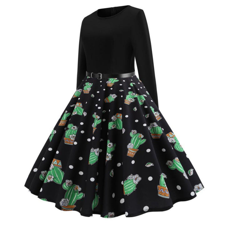Damen Swingkleid mit floralem Kaktusdesign und ausgestelltem Rock Drune