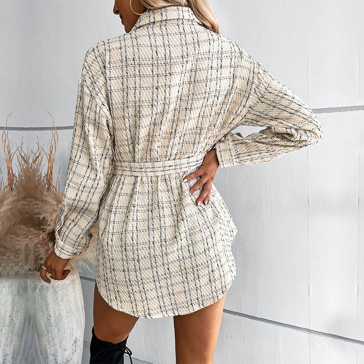 Damen Karierte Hemdbluse mit taillierbarem Gürtel und Knopfdetails Drune