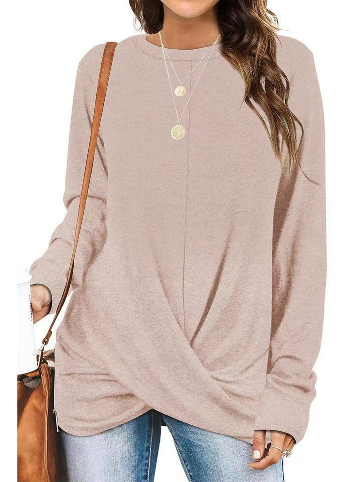 Damen lässiges Longsleeve Oberteil mit Wickeloptik und Rundhalsausschnitt Drune
