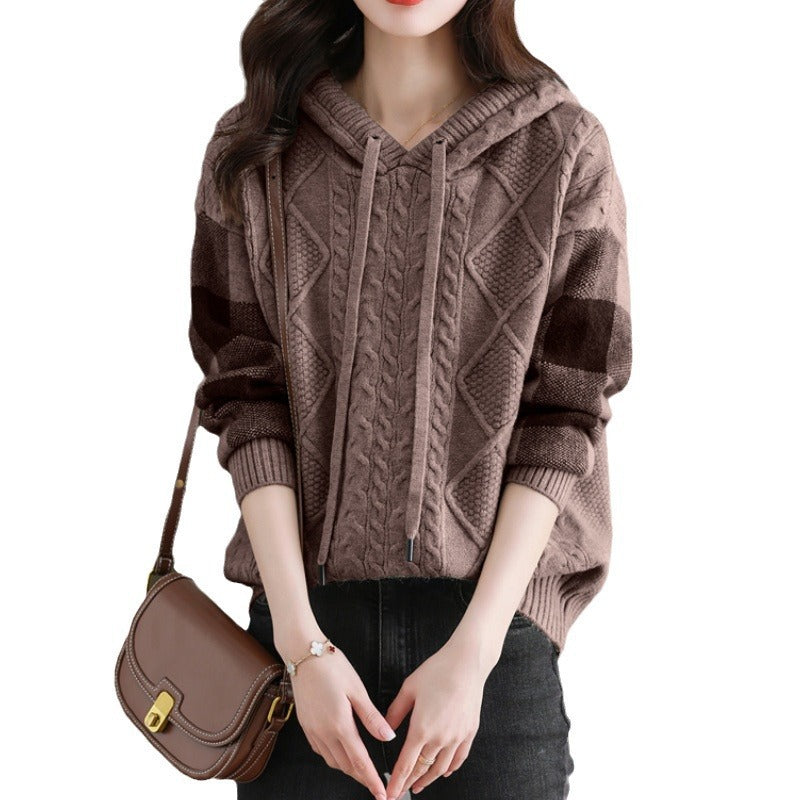 Damen Strickpullover mit Kapuze und modischem Karomuster Drune