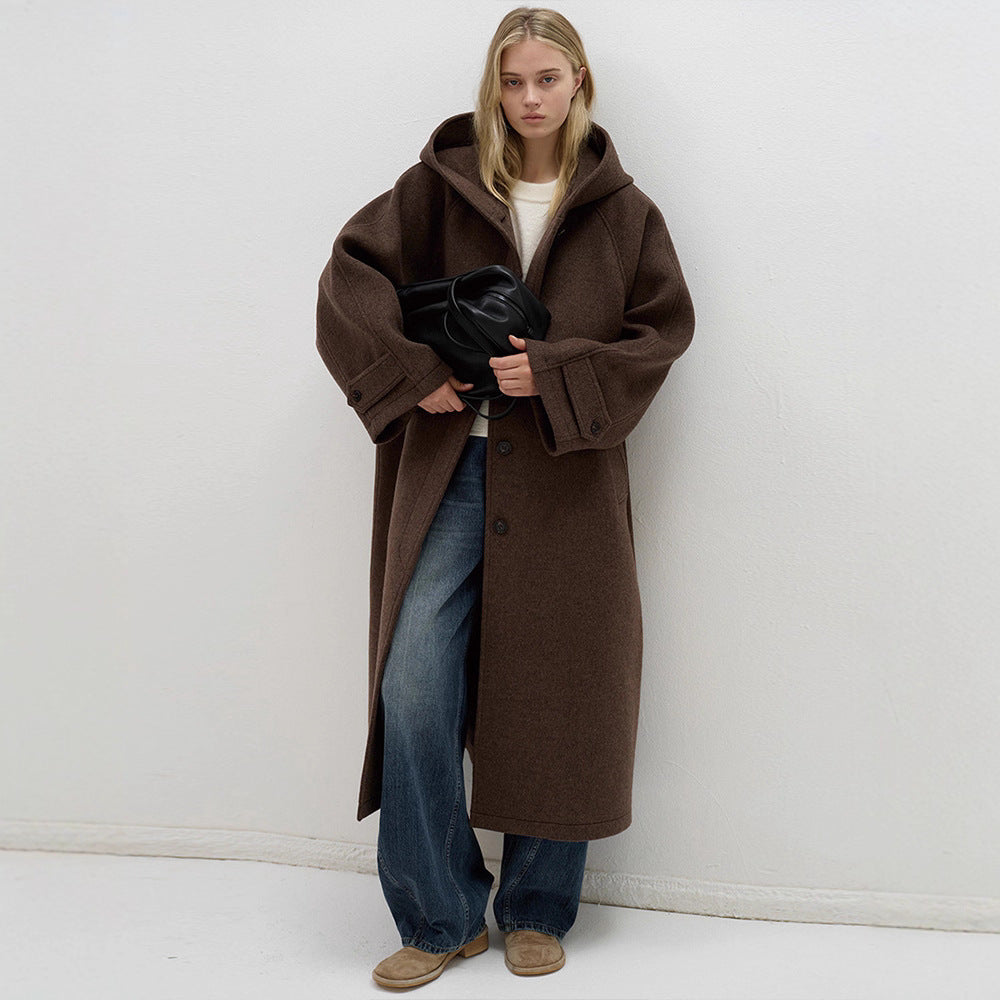 Damen oversized Wollmantel mit praktischer Kapuze Drune