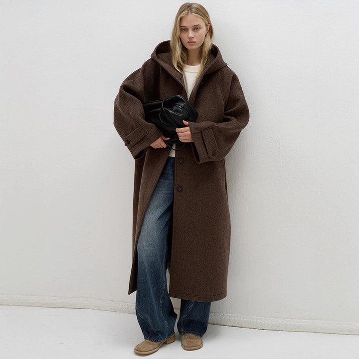 Damen oversized Wollmantel mit praktischer Kapuze Drune