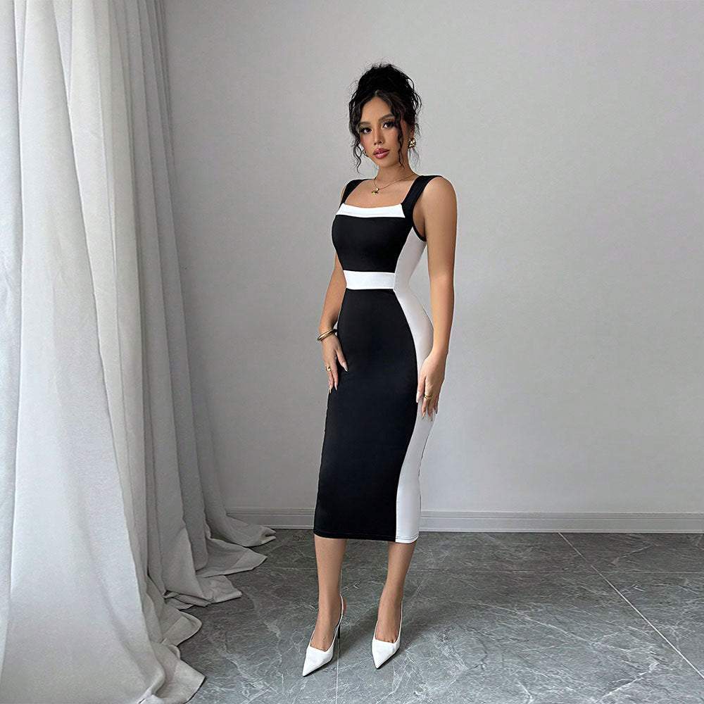 Damen figurbetontes Midi-Kleid mit modischem Kontrastschnitt und schmalen Trägern Drune