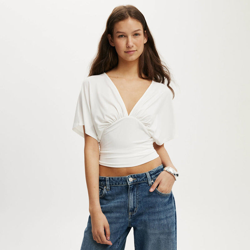Damen elegantes Wickeloberteil mit voluminösenÄrmeln und tiefem V-Ausschnitt Drune
