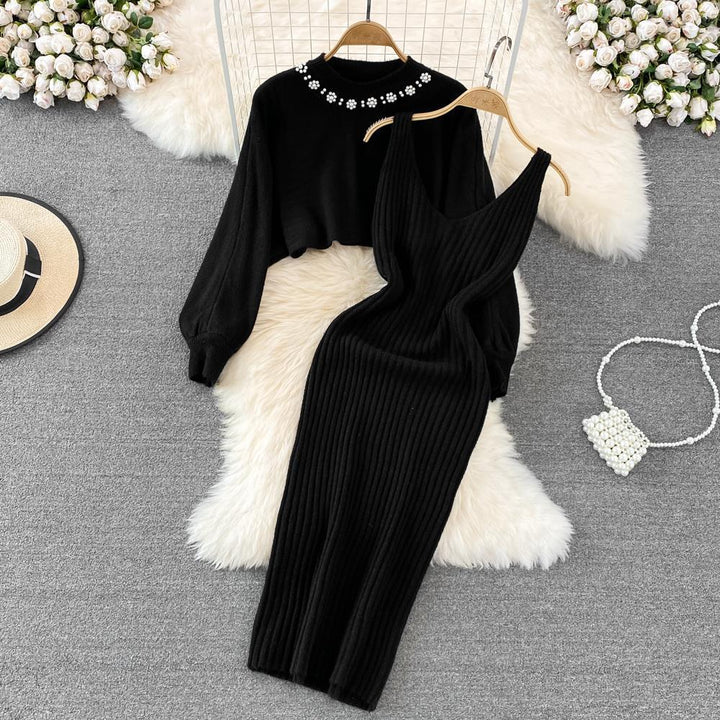 Damen Strickkleid mit eleganter Rippstruktur und femininen Trägern Drune