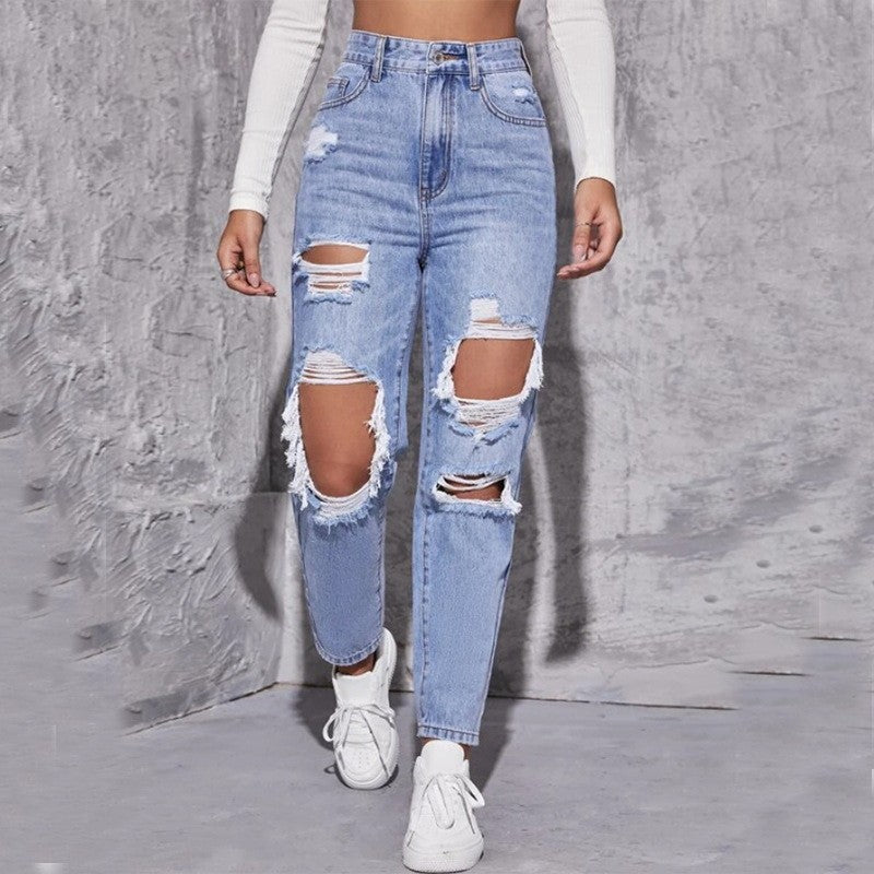 Damen High-Waist Destroyed Jeans im modernen Relaxed-Fit-Stil Drune