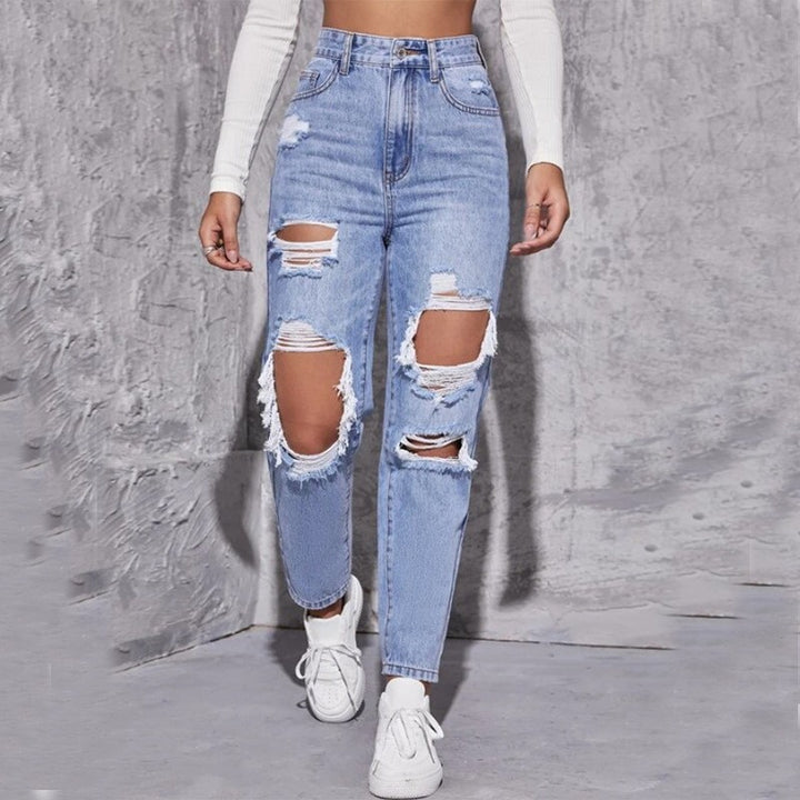 Damen High-Waist Destroyed Jeans im modernen Relaxed-Fit-Stil Drune