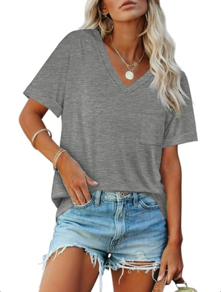 Damen V-Ausschnitt T-Shirt mit Taschen und lässiger Passform Drune