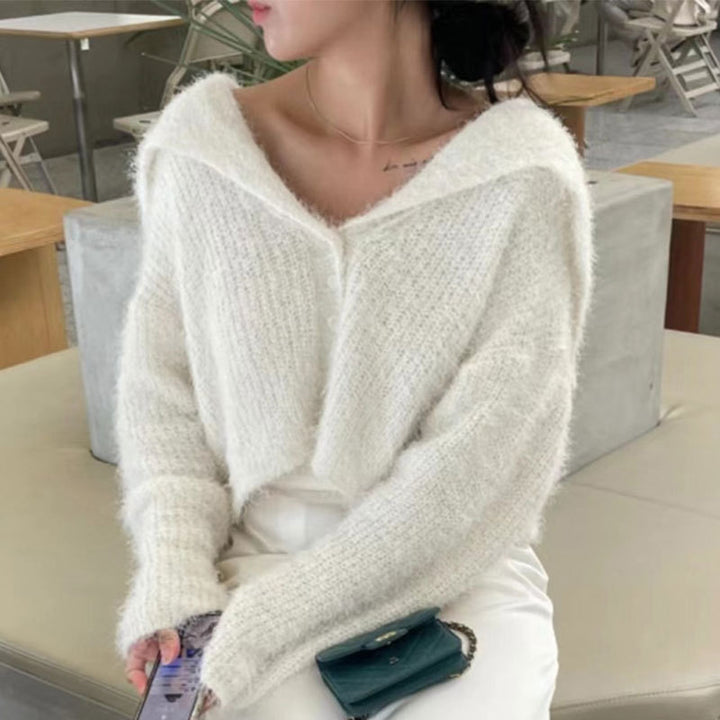 Damen Cropped Strickjacke mit Kapuze Drune