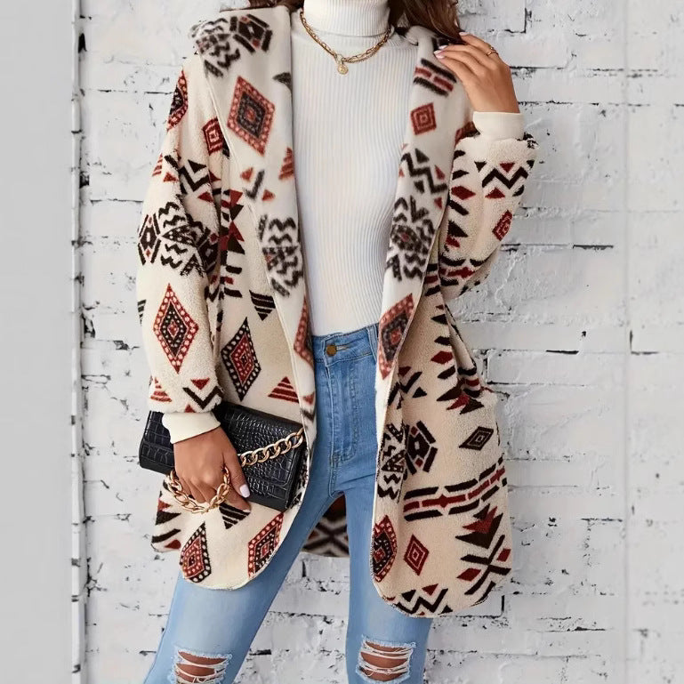 Damen Plüschjacke mit Ethno-Muster Drune