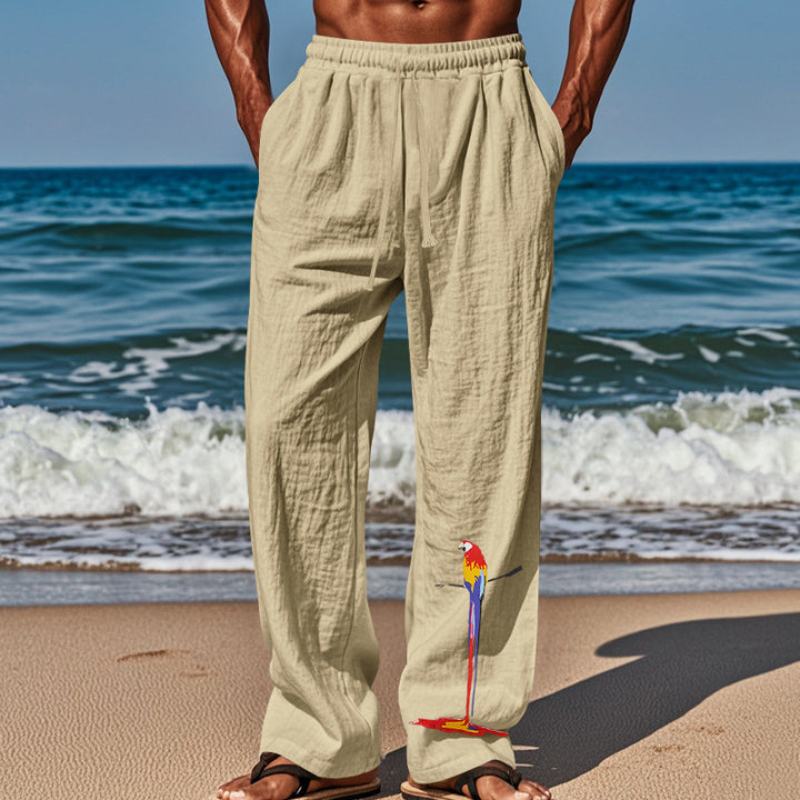 Herren nan lässige Leinen-Loungehose mit elastischem Komfortbund, Kordelzug, weitem Bein und dekorativer Papageien-Stickerei Drune