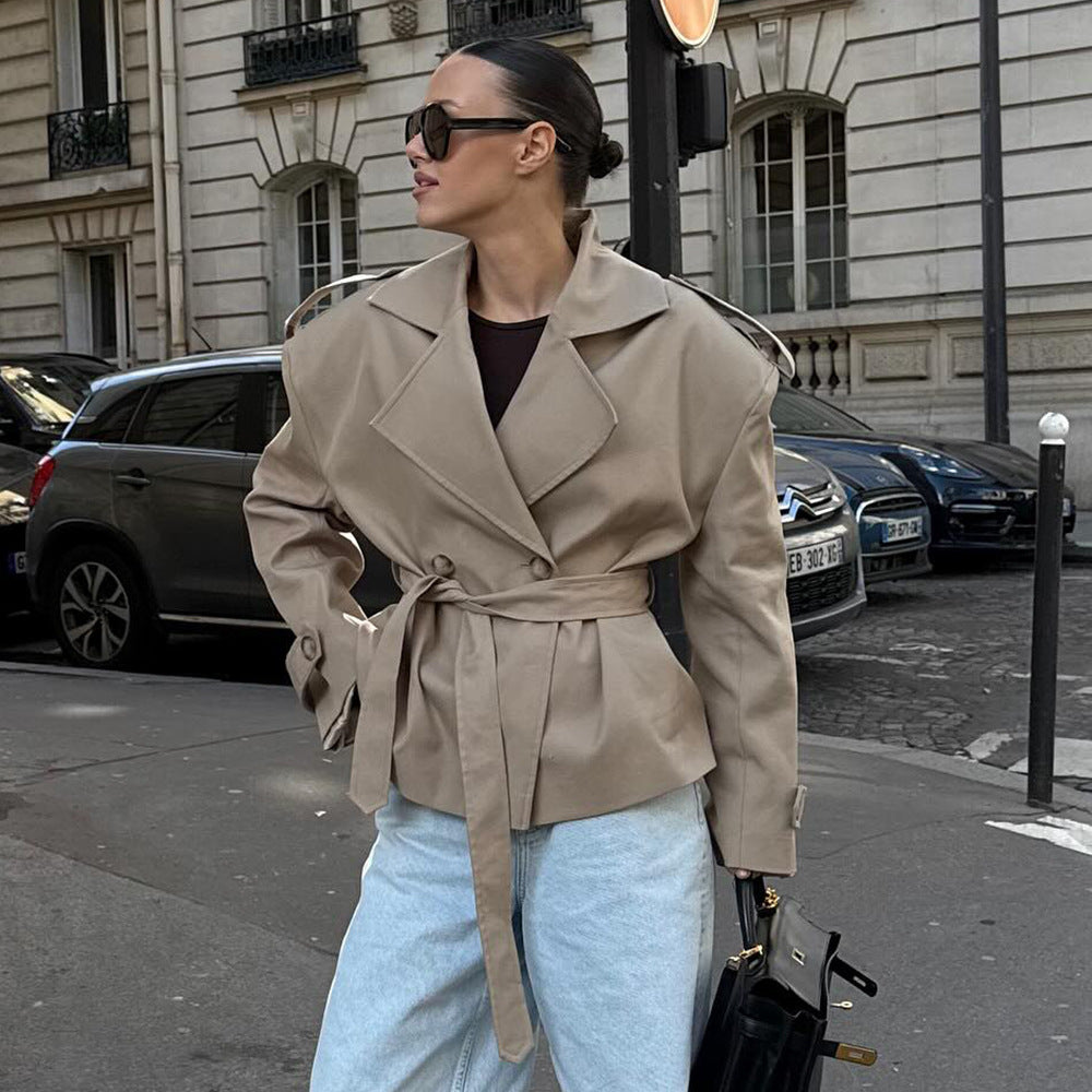 Damen Trenchcoat mit breitem Kragen und Gürtel Drune