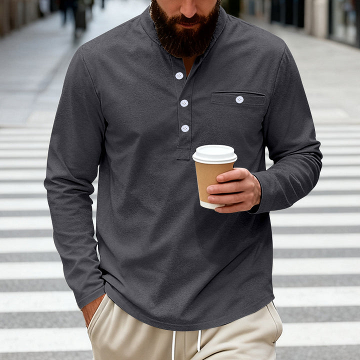 Herren nan langärmeliges Henley-Shirt mit Stehkragen, Brusttasche und dekorativer Knopfleiste Drune