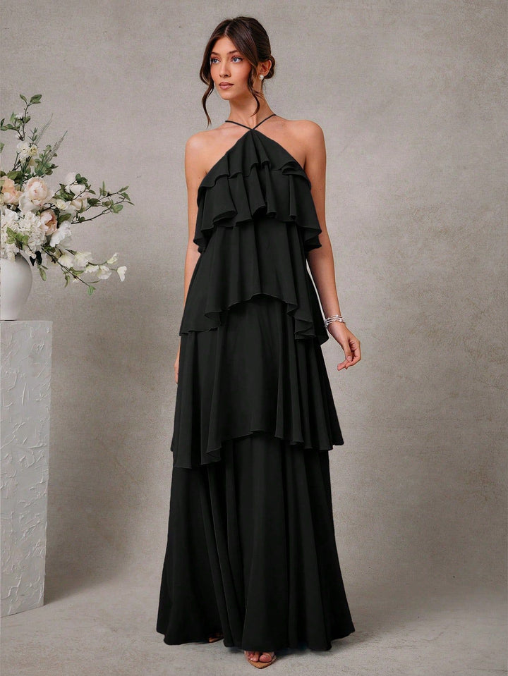 Damen Maxikleid mit voluminösen Rüschendetails und elegantem V-Ausschnitt Drune
