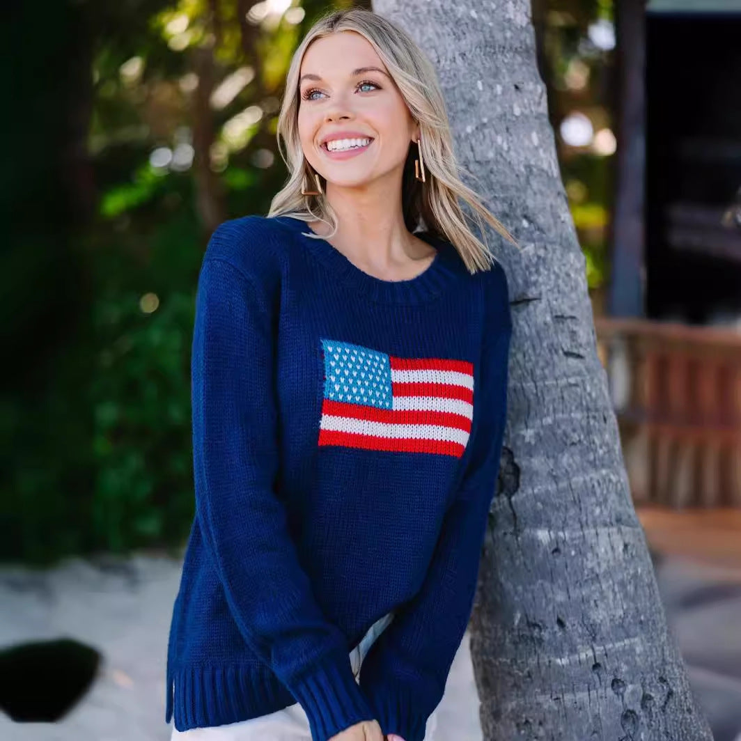 Damen trendiger Pullover mit USA-Flaggenstickerei aus luftiger Baumwolle Drune