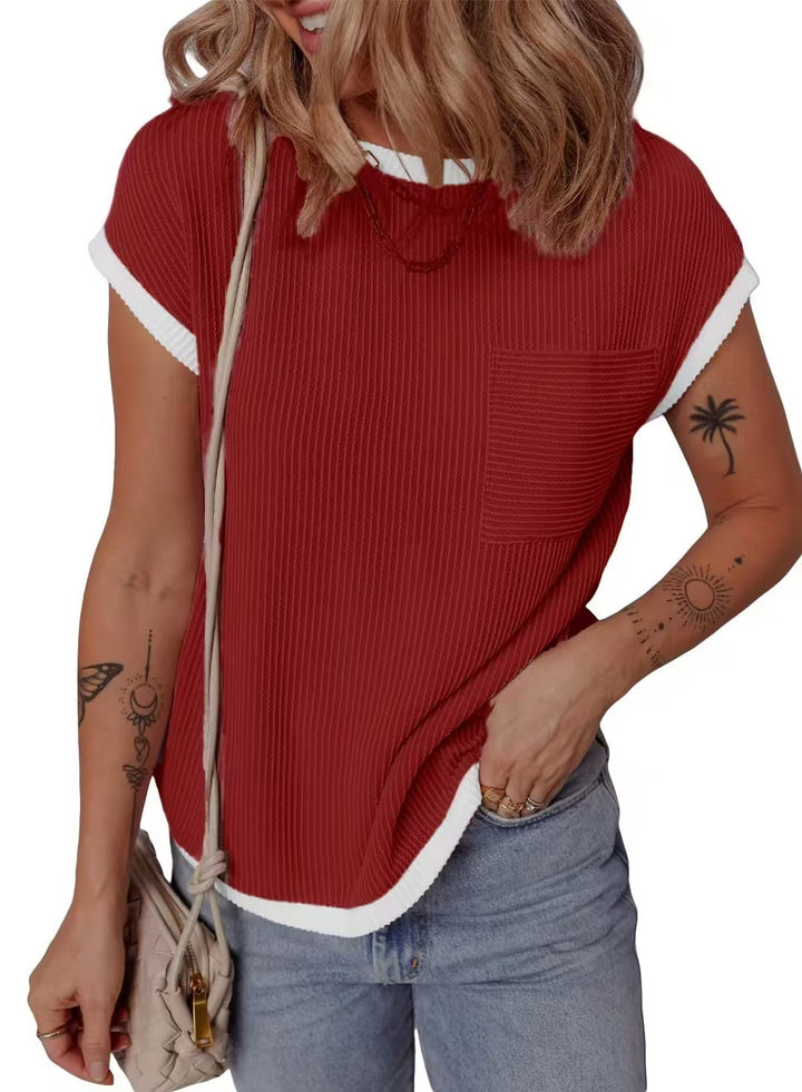 Damen modisches T-Shirt mit strukturiertem Material und Brusttasche Drune