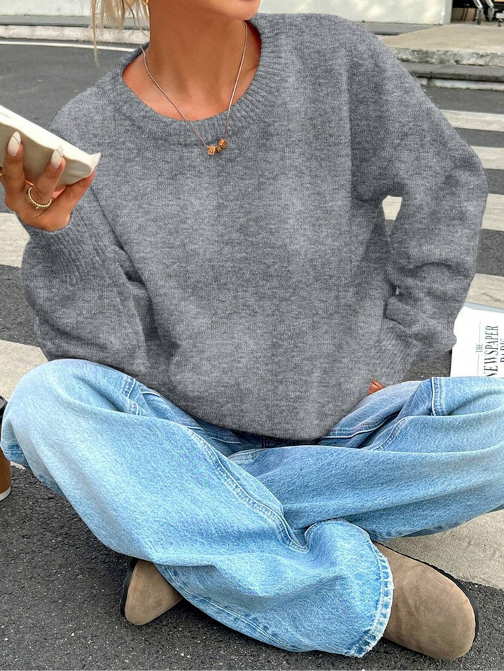 Damen lässiger Strickpullover mit Rundhalsausschnitt und voluminösen Ärmeln Drune