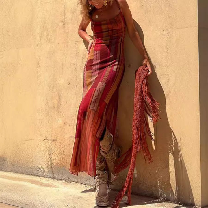 Damen Maxikleid mit asymmetrischem Ethno-Muster und schmalen Spaghettiträgern Drune