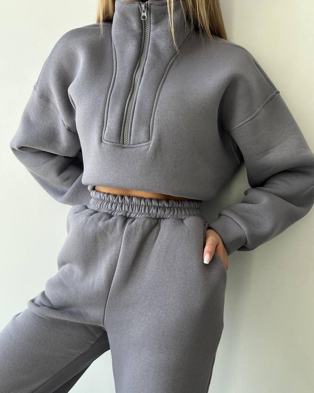 Damen Lockere Sweatshirt- und Jogginghosen-Kombination mit Reißverschluss Drune