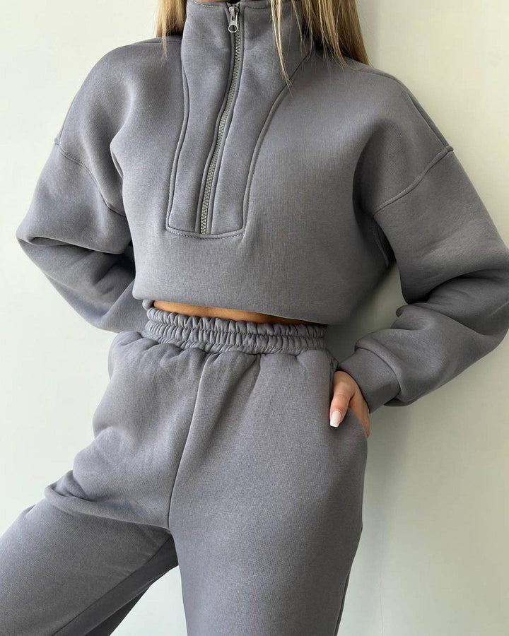 Damen Lockere Sweatshirt- und Jogginghosen-Kombination mit Reißverschluss Drune