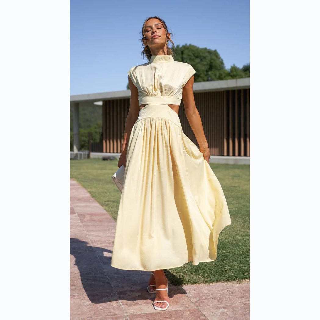 Damen elegantes Maxikleid mit hohem Kragen und seitlichen Cut-Outs Drune