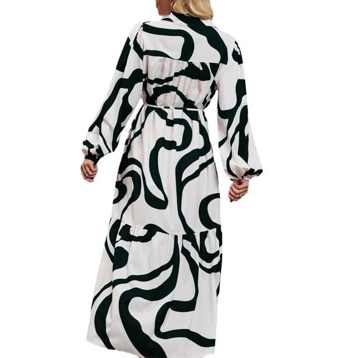 Damen Langarm Kleid mit raffiniertem Grafikdesign und elegantem Taillengürtel Drune