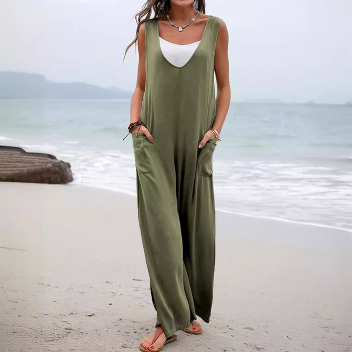 Damen lässiger Jumpsuit mit weit geschnittenem Bein und komfortablen Taschen Drune
