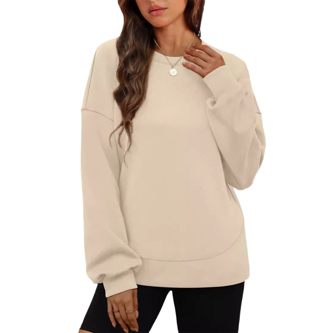 Damen nan lässiges Oversize Rundhals-Sweatshirt mit überschnittener Schulter gerundetem Saum und weichem Innenfutter Drune