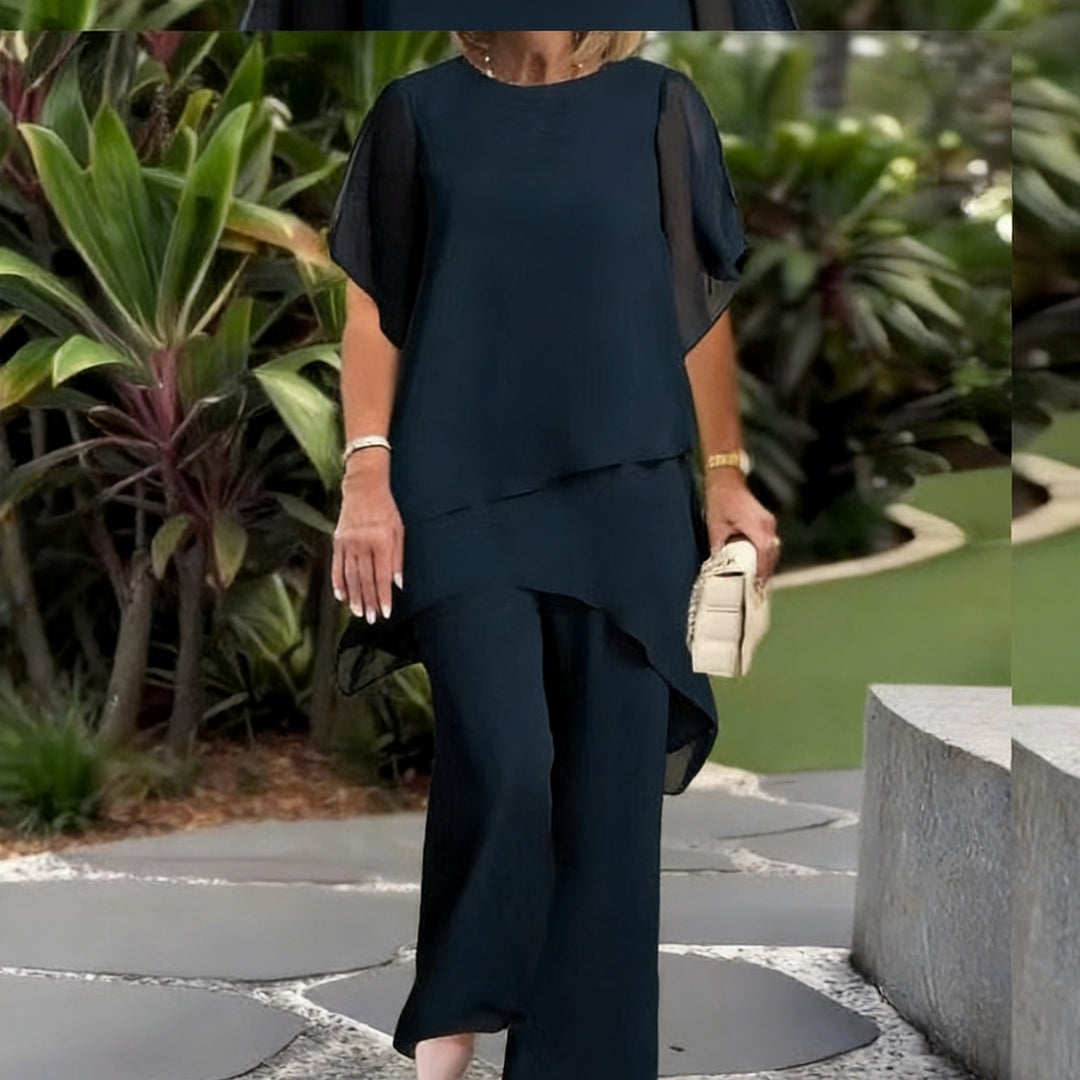 Damen Elegantes Zwei-Teiler-Set mit luftigen Ärmeln und asymmetrischem Saum Drune