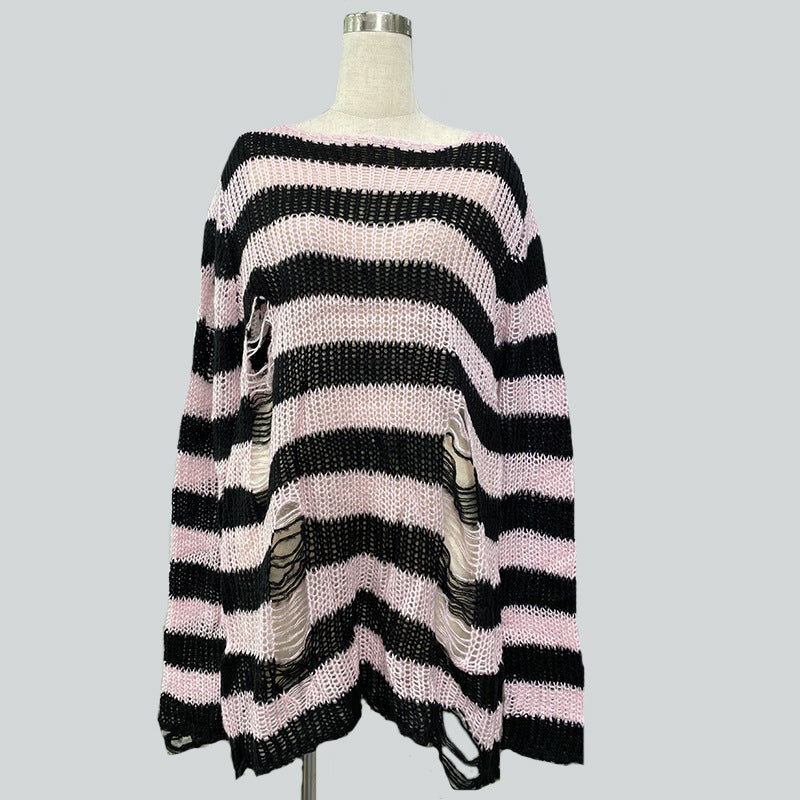 Damen nan Oversized Grobstrickpullover mit breiten Blockstreifen und aufgerissenem Design Drune