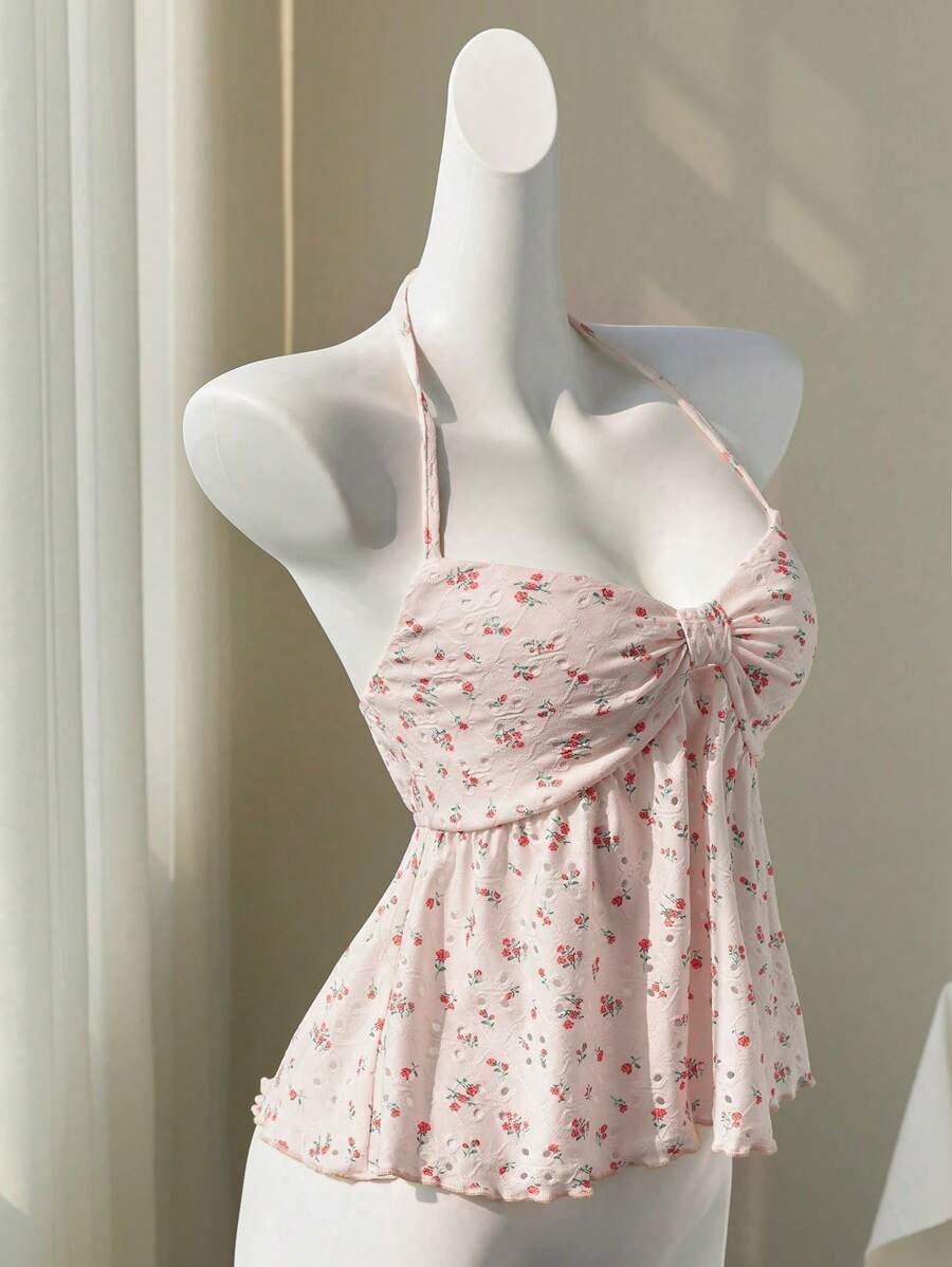 Damen romantisches Strandtop mit floralem Design und verspieltem Knoten Drune