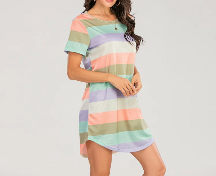 Damen Kurzarm Kleid mit auffälligem Streifenmuster und bequemem Schnitt Drune