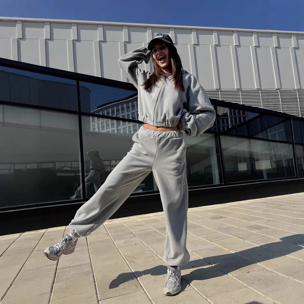 Damen sportlicher Fleece-Loungewear-Anzug mit hohem Kragen Drune