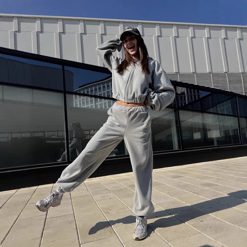 Damen sportlicher Fleece-Loungewear-Anzug mit hohem Kragen Drune