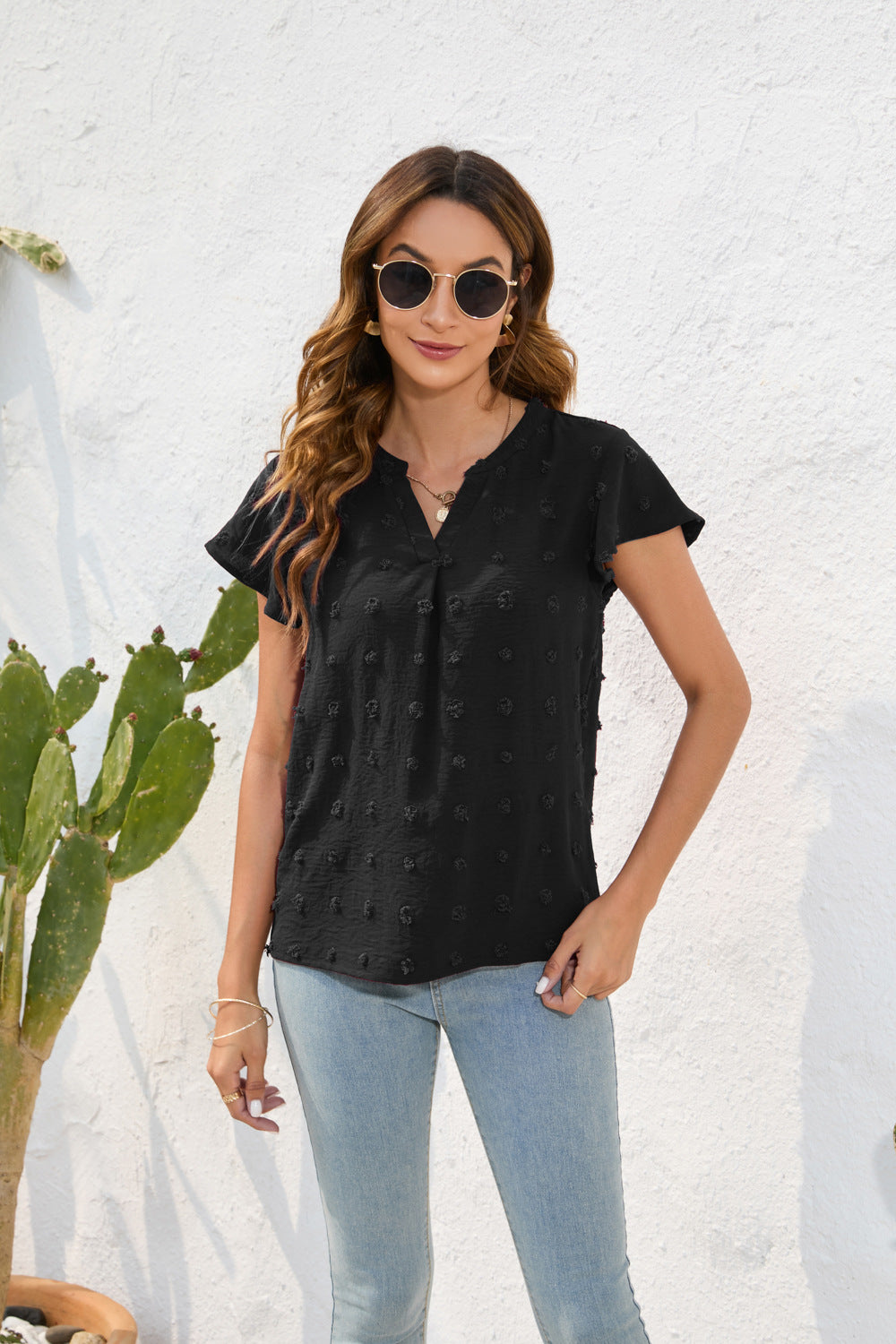 Damen Leichtes Kurzarmblusenshirt mit strukturiertem Material und eleganten Details Drune