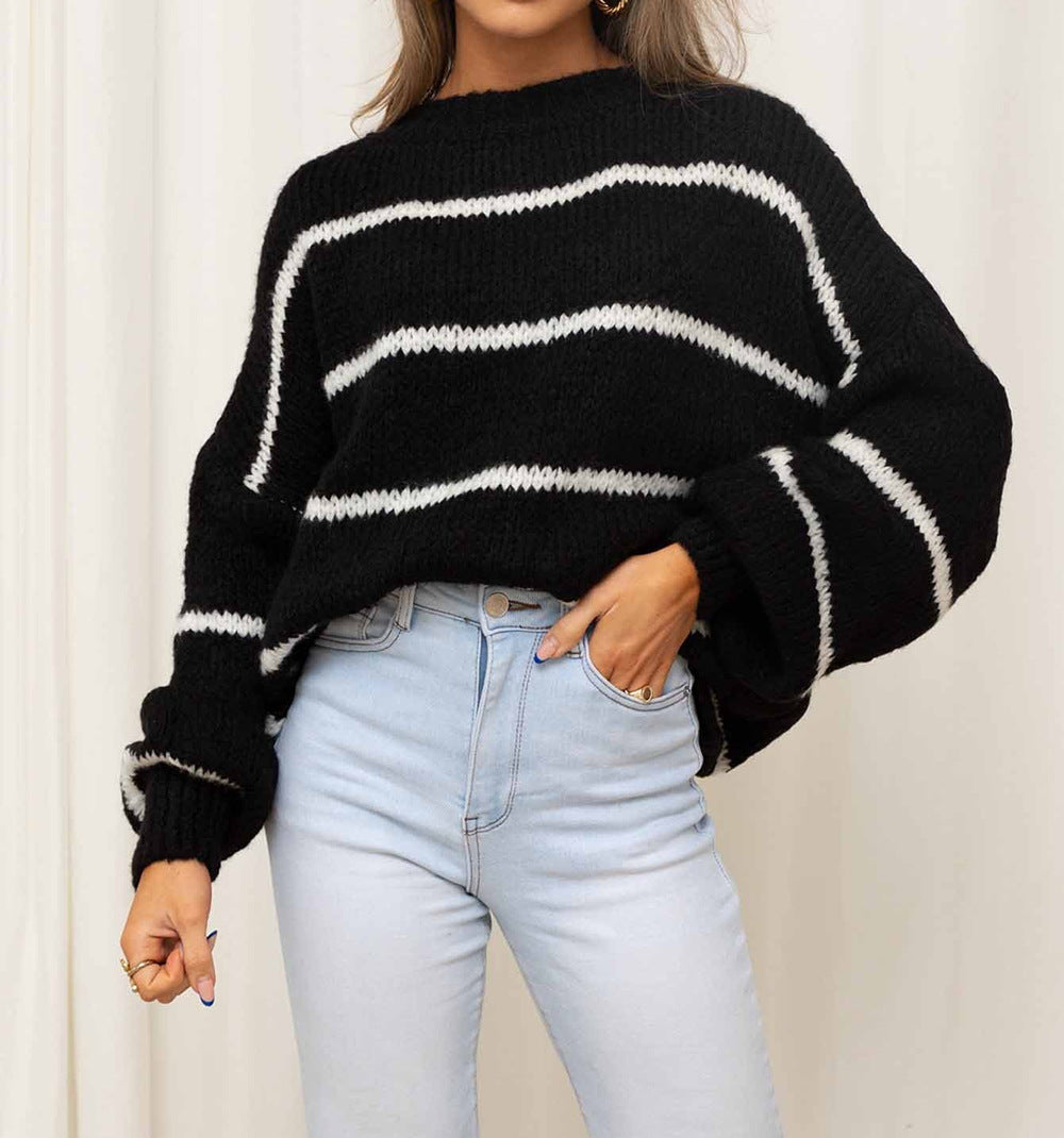 Damen grob gestrickter Pullover mit modernen Streifen und lässigem Schnitt Drune