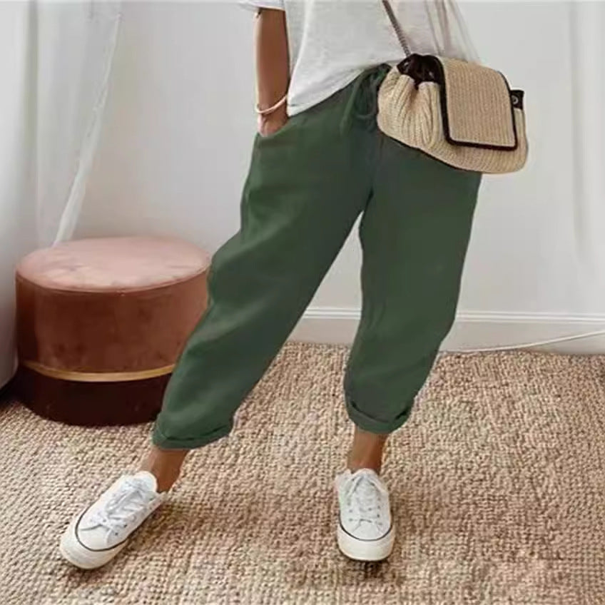 Damen nan legerer Leinen-Jogger mit Kordelzug, Eingrifftaschen und umgeschlagenem Saum Drune