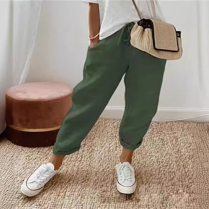 Damen nan legerer Leinen-Jogger mit Kordelzug, Eingrifftaschen und umgeschlagenem Saum Drune