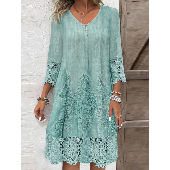 Damen Elegantes Kleid mit Spitzenapplikationen und Knopfdetail Drune
