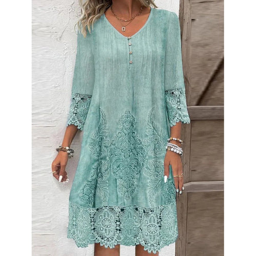 Damen Elegantes Kleid mit Spitzenapplikationen und Knopfdetail Drune
