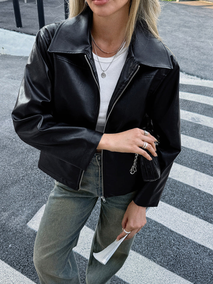 Damen nan elegante Kunstlederjacke mit Reißverschluss, Hemdkragen und Eingrifftaschen Drune