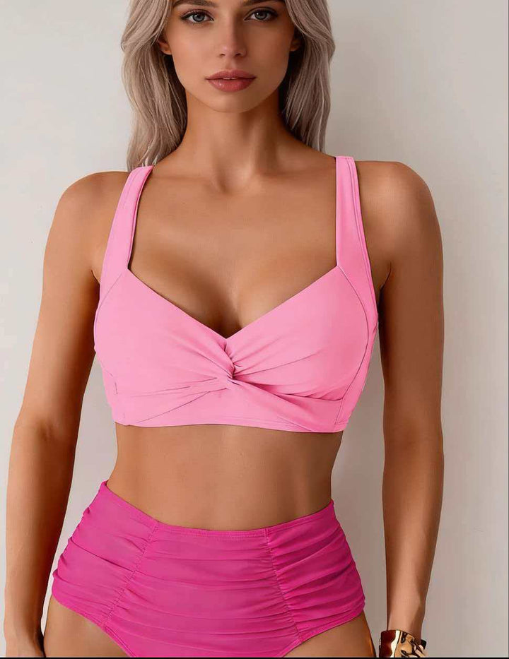 Damen Hochgeschnittenes Bikini-Set mit Wickeloberteil und Raffungen Drune