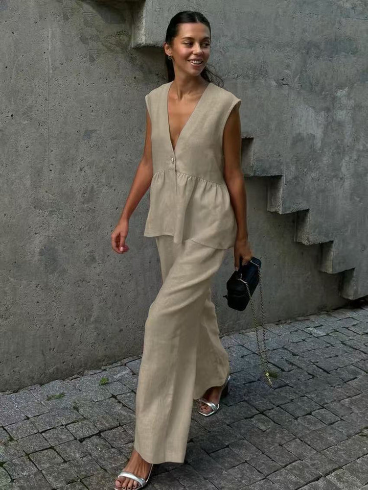 Damen Praktisches Leinen Set mit voluminösem Oberteil Drune