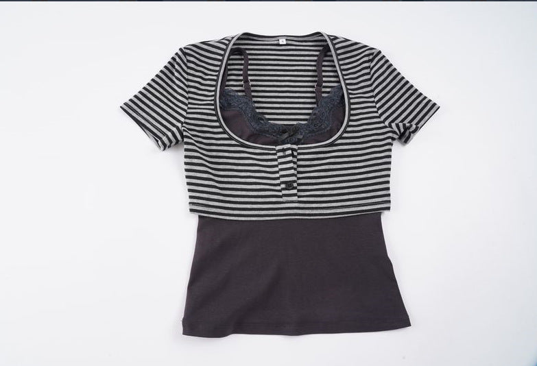 Damen modischesKurzarm-Oberteil mit Lagenlook und feinen Spitzenakzenten Drune